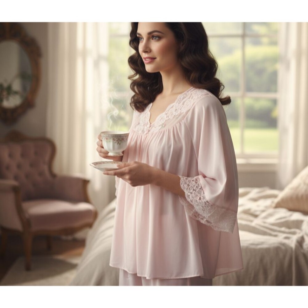 Vintage Shadowline Baby Pink Sheer Satin‎ Lace Trim Pajama Top Lingerie Peignoir